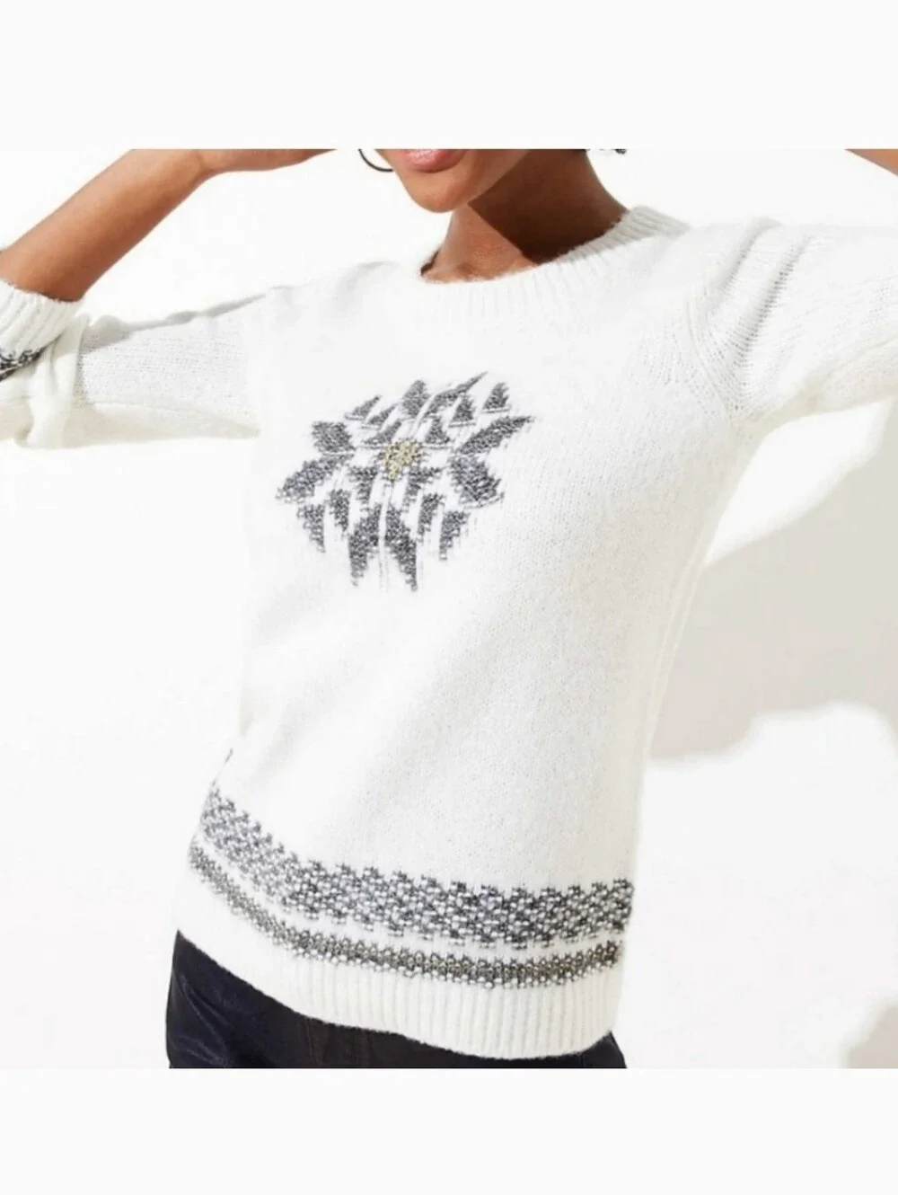 LOFT NWT Cream Crewneck Sweater with Gray Fair Isle Motif Wool Blend Size XS